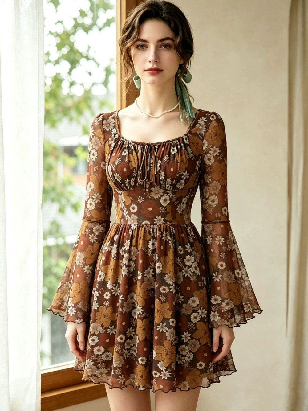 Zara Maillard Style Retro Floral Mesh Long Bell Sleeve Waist Mini Dress